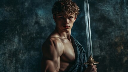 Obraz premium Powerful gladiator holding sword showing muscles posing in studio