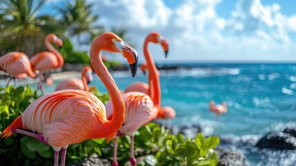 Fototapeta premium Vibrant flamingos by ocean, lush greenery, tropical paradise