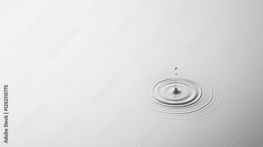 Poster Water drop falling and creating concentric ripples on a calm surface, with smaller droplets rising above the main splash, all against a light gray background