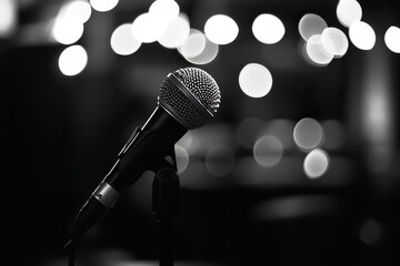 Microphone on blurred black and white background. Karaoke, public speaking. Copy space.