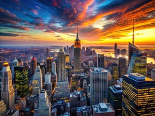 Fototapeta premium Aerial panorama from Edge Observatory captures NYC's iconic skyline at twilight.