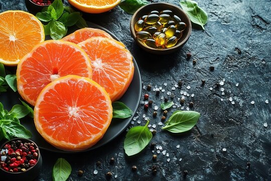 five omega-3 fish oil capsules arranged on a sleek surface, emphasizing health benefits and wellness, complemented by fresh, vibrant ingredients in a clean layout