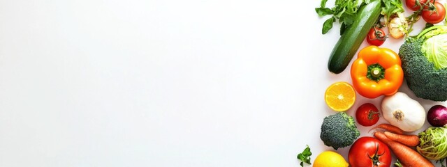 Healthy eating background / studio photography of different fruits and vegetables isoleted on white backdrop, top view. High resolution product.