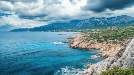 Fototapeta premium Coastal landscape with rocky shores, blue waters, and mountainous backdrop under cloudy sky