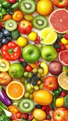 Healthy eating background / studio photography of different fruits and vegetables isoleted on white backdrop, top view. High resolution product.