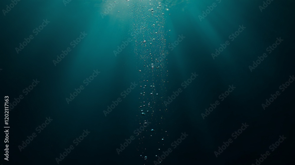 Poster Sunbeams filtering through the ocean's surface illuminate rising air bubbles, creating a captivating underwater scene filled with tranquility and an air of mystery in the deep blue sea