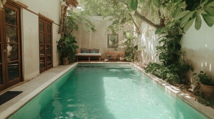 A pool with a bench and a tree in the background