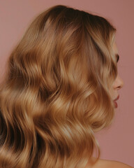 Naklejka premium Femme cheveux blonds châtains ondulés, ondulations vue de profil, vue de dos, coiffure, beauté, studio, naturel