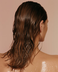 Femme cheveux châtain foncés et mouillés, photo lifestyle moderne, studio, soin capillaire sous la douche
