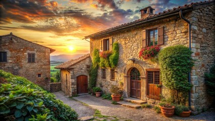 Fototapeta premium Ancient Italian stone house, showcasing rustic architecture and Tuscan farmhouse character in the countryside.