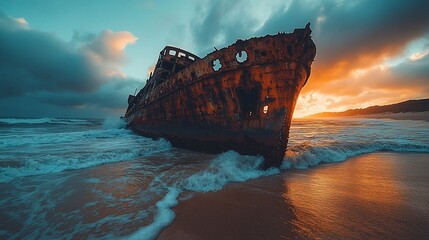 Naklejka premium Sunset shipwreck on ocean beach, waves crashing. Travel photography