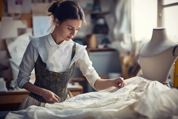 Portrait of a fashion designer pinning fabric on a mannequin in a workshop.