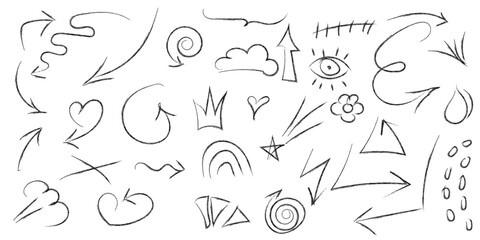 Line shape marker underline, arrow, heart brush element set. Vector illustration. Hand drawn sketch marker underline shape, arrow, heart scribble brush pen stroke element