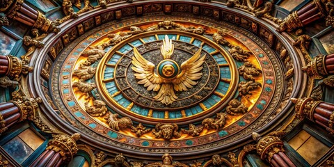 Obraz premium Architectural photography captures a circular shield: heavenly wings, protective detail, symbolic design.