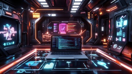 Obraz premium Futuristic spaceship interior with laptop displaying code.