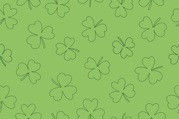 Seamless pattern of clover leaves for St. Patrick's Day. Doodle style clover leaves on green background. Suitable for wrapping paper, wallpaper, background, card and decoration. Vector