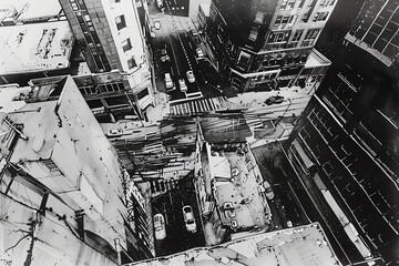 Capture a gritty urban landscape using pen and ink, portraying the raw emotions of loneliness and connection through unexpected birds eye view angles
