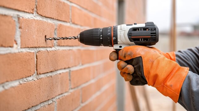 Gloved hand operates a power drill on a red brick wall for construction repairs at the site