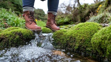 Woman's brown leather boots stepping across a mossy stream.