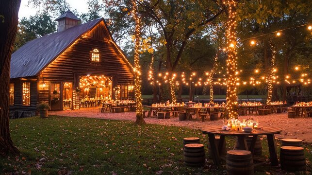Rustic barn wedding reception at night, string lights illuminate the celebration.  Use Event planning, invitations