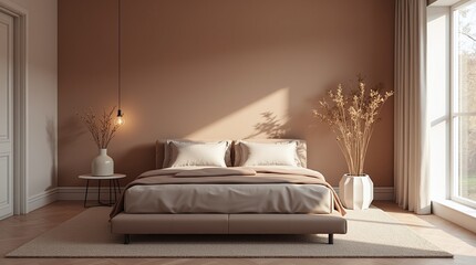 Luxurious bedroom with warm Mocha mousse color scheme 2025 trend Brown walls, light gray bedroom interior. Cement blank background for art