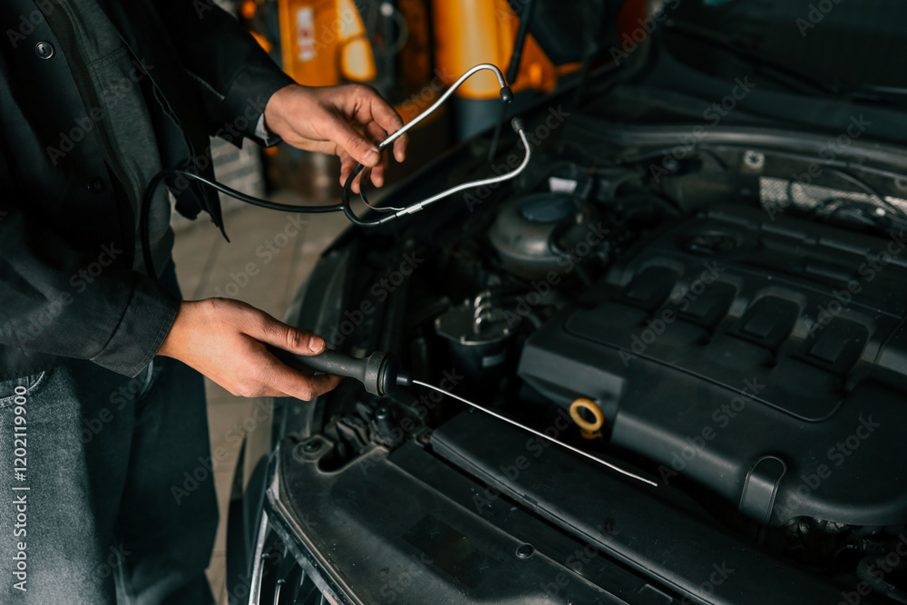 Poster mechanic using a diagnostic tool to check a car engine in a workshop, demonstrating vehicle maintena