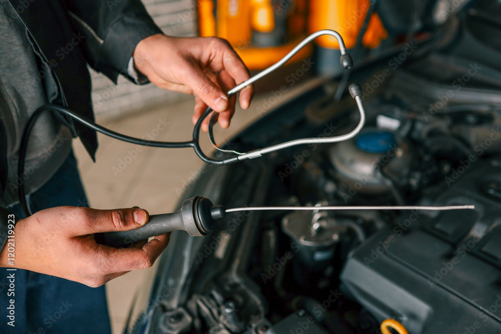 Aufkleber Mechanic using a diagnostic tool to check a car engine in a workshop, demonstrating vehicle maintenance and repair
