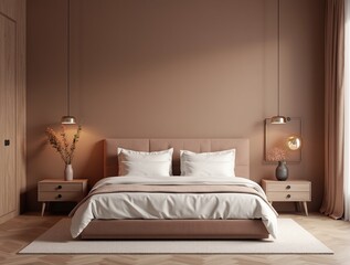 Luxurious bedroom with warm Mocha mousse color scheme 2025 trend Brown walls, light gray bedroom interior. Cement blank background for art