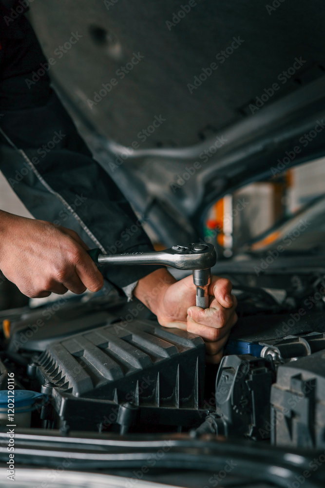 Poster mechanic tightening a bolt on a car engine using a ratchet wrench in a professional workshop setting