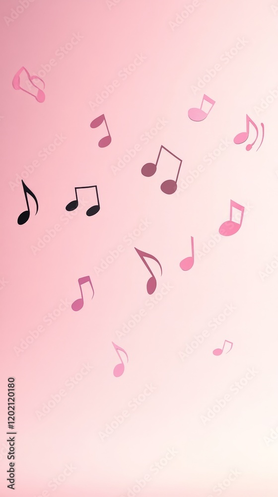 Poster floating pink and black musical notes against a gradient pink backdrop create a vibrant visual repre
