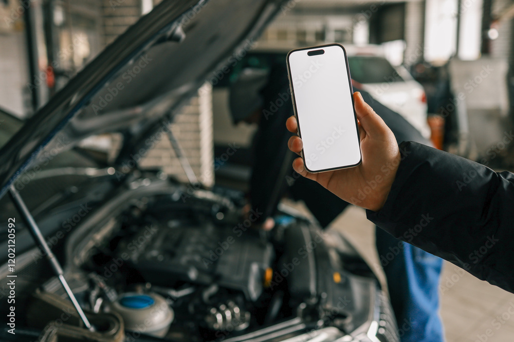 Aufkleber Hand holding a smartphone with a blank screen in front of an open car hood in a workshop setting, with blurred mechanics and tools in the background