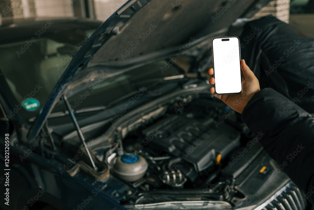 Poster hand holding a smartphone with a blank screen in front of an open car hood, showing the engine compa