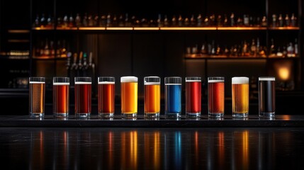 A vibrant lineup of beer glasses in assorted shades on a dark bar counter