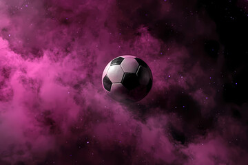 Naklejka premium Colorful soccer ball floating in a cosmic environment with pink and purple backdrop