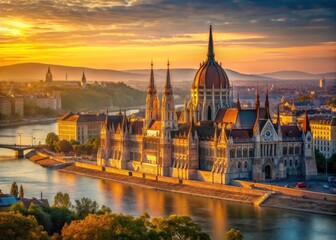 Fototapeta premium Budapest's cathedral, bathed in dawn's glow, stands majestically above the Danube.
