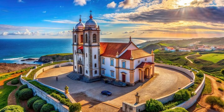 Breathtaking panoramic view: Boa Nova's coastal church nestled in Terena Village, Portugal, a photographer's dream.