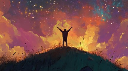 Obraz premium A silhouetted figure stands on a rocky outcrop, gazing up at a vibrant, swirling galaxy filled with stars and colorful nebulae.