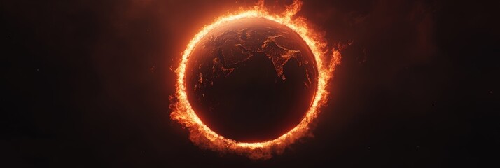 Ring of fire surrounding planet earth from space representing global warming and climate change,...