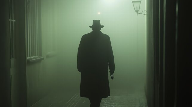 A man wearing a hat and coat walks down a dark hallway