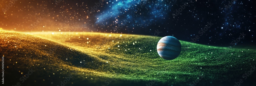 Poster Colorful galaxy with swirling nebula and glowing planets under a vast starry sky. Generative AI