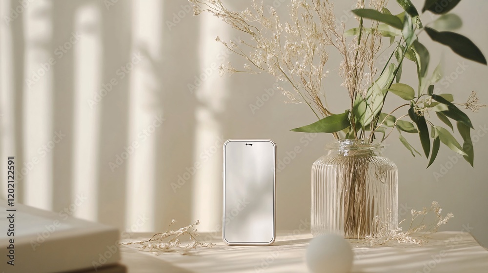 Aufkleber smartphone with blank screen displaying near vase with flowers on table