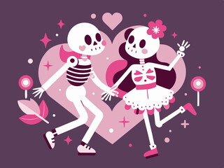 Skeleton couple dancing with romantic Valentine's Day theme