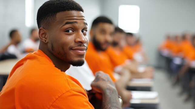 An inmate attending a classroom session in prison, learning new skills alongside other prisoners
