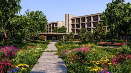 Obraz premium Modern Landscape with Neo-Brutalist Architecture