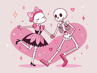 Skeleton couple dancing with romantic Valentine's Day theme
