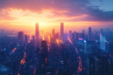 futuristic megalopolis viewed from above, with holographic data streams connecting skyscrapers, neon purple and cyan light trails weaving through glass towers at dusk