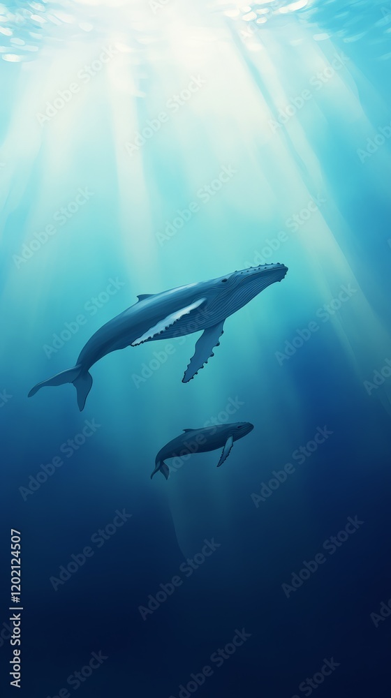 Poster Two whales are swimming peacefully in the depths of the ocean, illuminated by beams of sunlight filtering through the surface, creating a tranquil and captivating underwater scene
