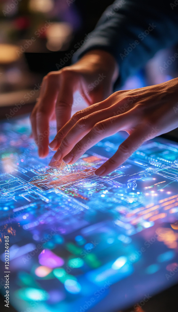 Poster hands manipulating digital model on touchscreen display