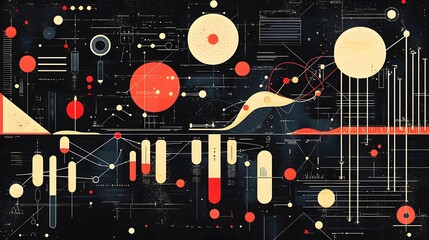 Retro Inspired Science Poster Design with Abstract Shapes Lab Equipment and DNA Strands Symbolizing Technology Research and Innovation