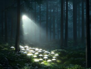 Fototapeta premium enchanted forest moonlit night glowing mushrooms mystical ambiance dark greens